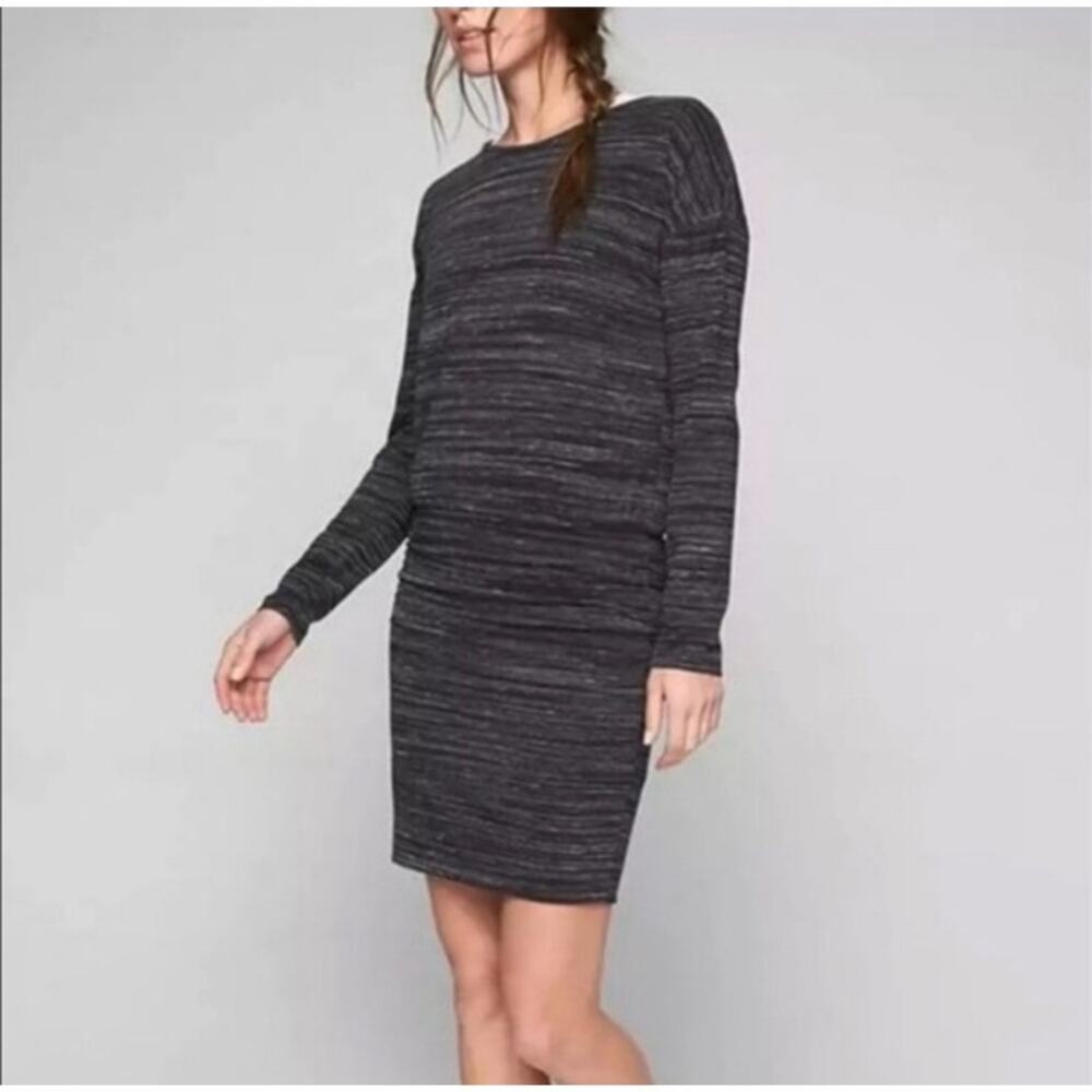 Athleta Avenues‎ Dress Long Sleeve Ruched Womens XS Black Gray Striped